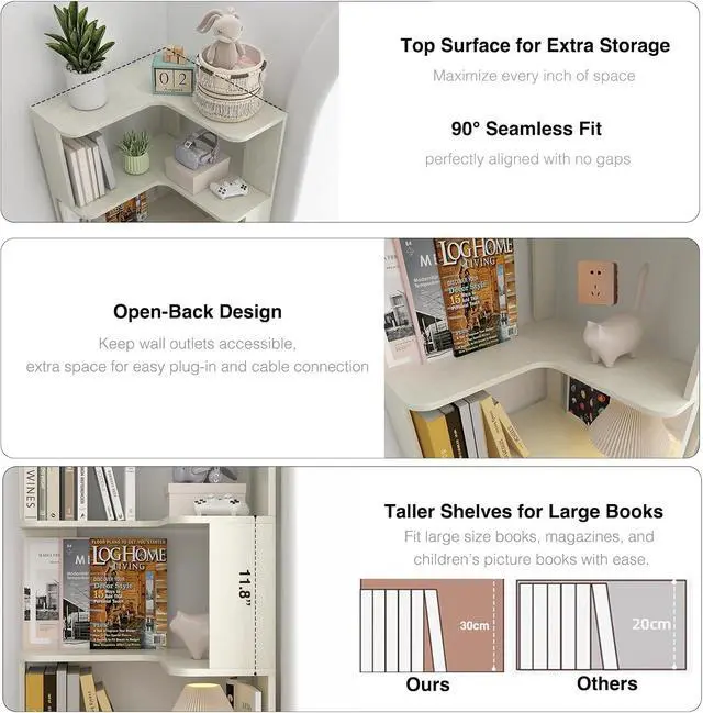 Alt view image 4 of 6 - 6 Tier L-Shaped Corner Bookshelf, Tall Corner Shelf for Small Spaces, Free Standing Wooden Corner Bookcase, 21.6" Open Display Narrow Storage Shelf Organizer for Living Room, Bedroom, Office