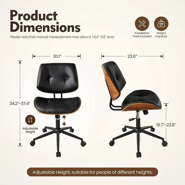 Alt view image 2 of 7 - Home Office Desk Chair, Modern Sleek Office Chair with Adjustable Lumbar Support, Adjustable Height Mid Back Executive Task Chair with 360 Rolling Swivel for Meeting Study Room(Button,Black)