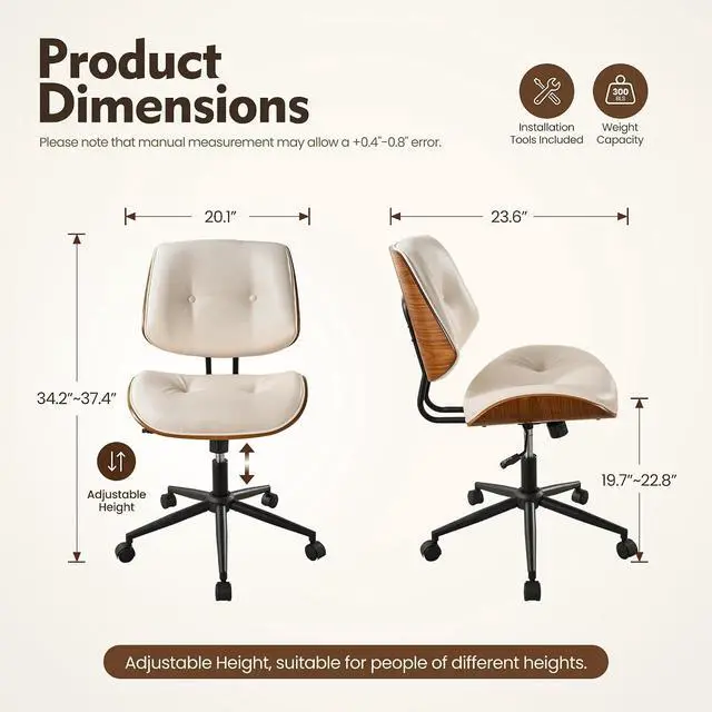 Alt view image 2 of 7 - Home Office Desk Chair, Modern Sleek Office Chair with Adjustable Lumbar Support, Adjustable Height Mid Back Executive Task Chair with 360 Rolling Swivel for Meeting Study Room(Button,White)