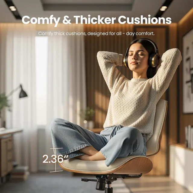 Alt view image 3 of 7 - Home Office Desk Chair, Modern Sleek Office Chair with Adjustable Lumbar Support, Adjustable Height Mid Back Executive Task Chair with 360 Rolling Swivel for Meeting Study Room(Button,White)
