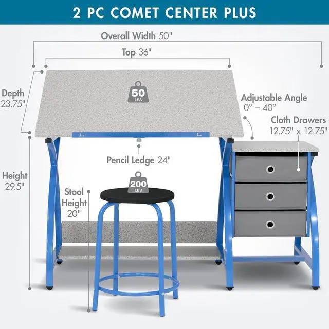 Alt view image 2 of 6 - Comet Center Plus, Craft Table and Matching Stool Set with Storage and Adjustable Top, Blue/Spatter Gray, 50x23.75x29.5 inches, 2 Piece