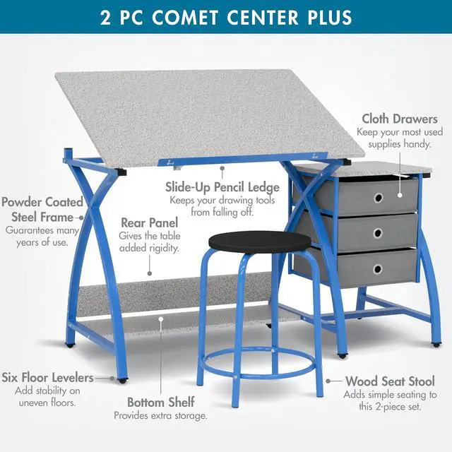 Alt view image 3 of 6 - Comet Center Plus, Craft Table and Matching Stool Set with Storage and Adjustable Top, Blue/Spatter Gray, 50x23.75x29.5 inches, 2 Piece