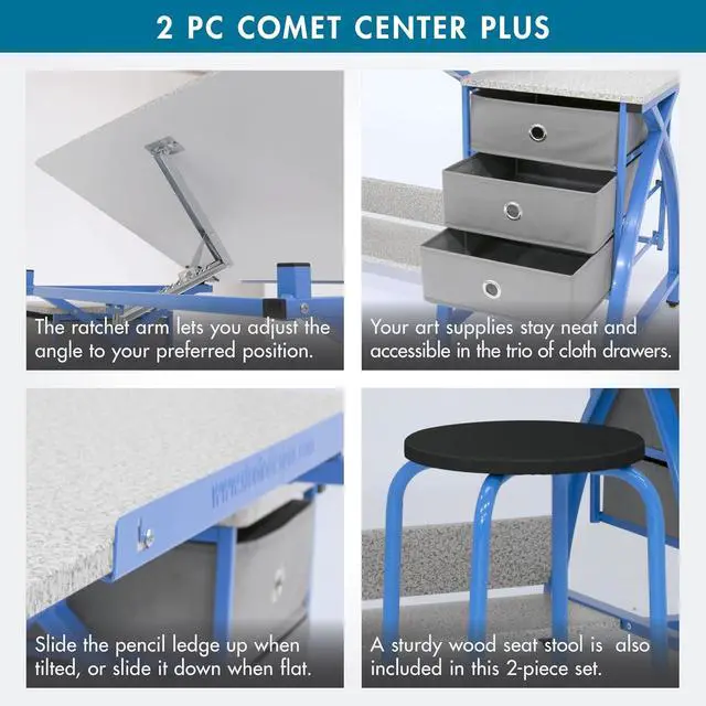Alt view image 4 of 6 - Comet Center Plus, Craft Table and Matching Stool Set with Storage and Adjustable Top, Blue/Spatter Gray, 50x23.75x29.5 inches, 2 Piece