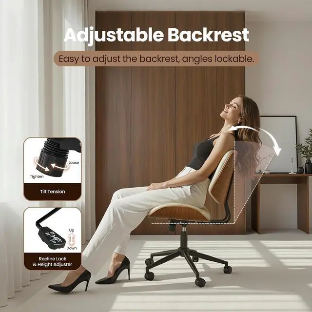 Alt view image 5 of 7 - Home Office Desk Chair, Modern Sleek Office Chair with Adjustable Lumbar Support, Adjustable Height Mid Back Executive Task Chair with 360 Rolling Swivel for Meeting Study Room(Button,White)