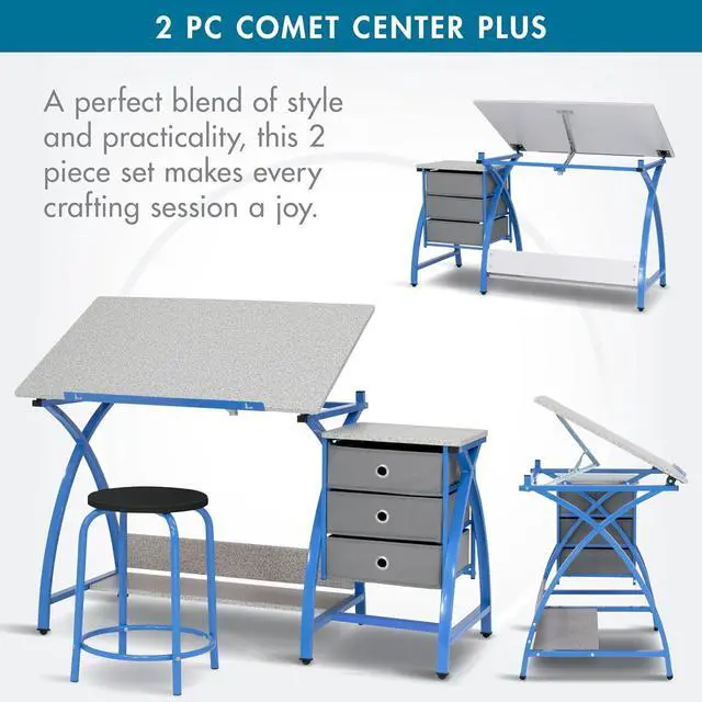 Alt view image 5 of 6 - Comet Center Plus, Craft Table and Matching Stool Set with Storage and Adjustable Top, Blue/Spatter Gray, 50x23.75x29.5 inches, 2 Piece