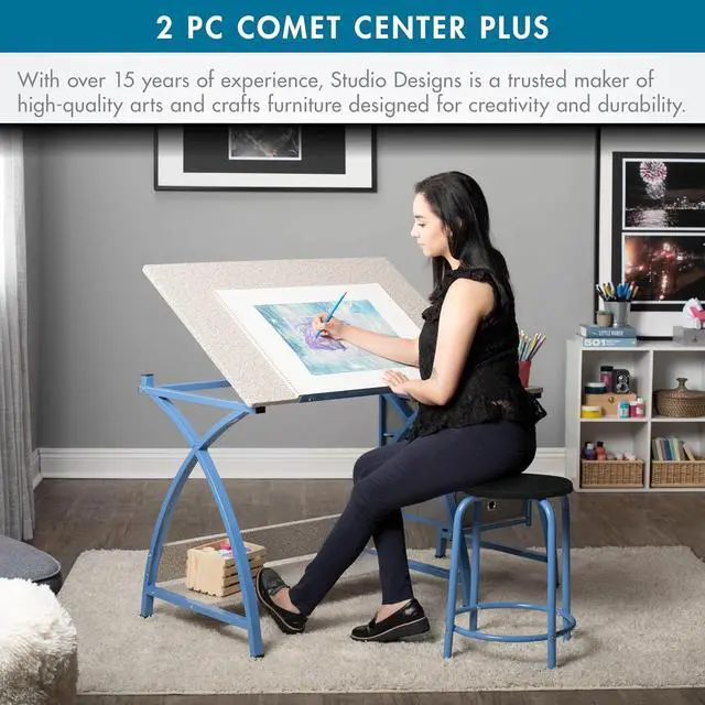 Alt view image 6 of 6 - Comet Center Plus, Craft Table and Matching Stool Set with Storage and Adjustable Top, Blue/Spatter Gray, 50x23.75x29.5 inches, 2 Piece