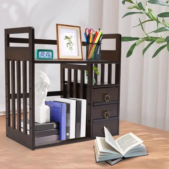 Alt view image 2 of 7 - Bamboo Desk Book Shelf,Desktop Bookshelf Storage Rack Tabletop Standing Organizer Bookshelf with 3 Drawers,Freestanding Desk Bookcase for Home Dormitory Offices (Nut-Brown)