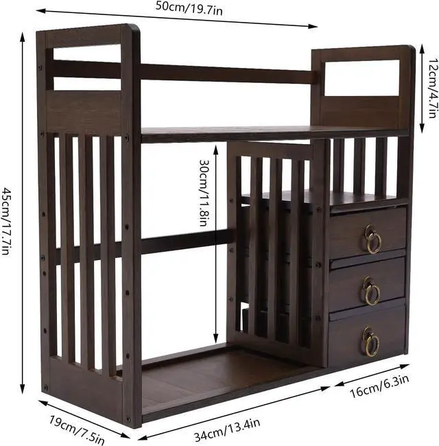 Alt view image 3 of 7 - Bamboo Desk Book Shelf,Desktop Bookshelf Storage Rack Tabletop Standing Organizer Bookshelf with 3 Drawers,Freestanding Desk Bookcase for Home Dormitory Offices (Nut-Brown)