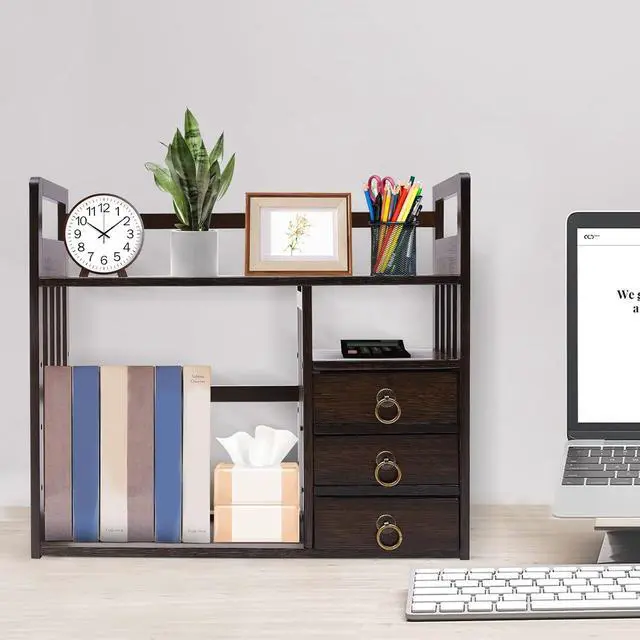 Alt view image 4 of 7 - Bamboo Desk Book Shelf,Desktop Bookshelf Storage Rack Tabletop Standing Organizer Bookshelf with 3 Drawers,Freestanding Desk Bookcase for Home Dormitory Offices (Nut-Brown)