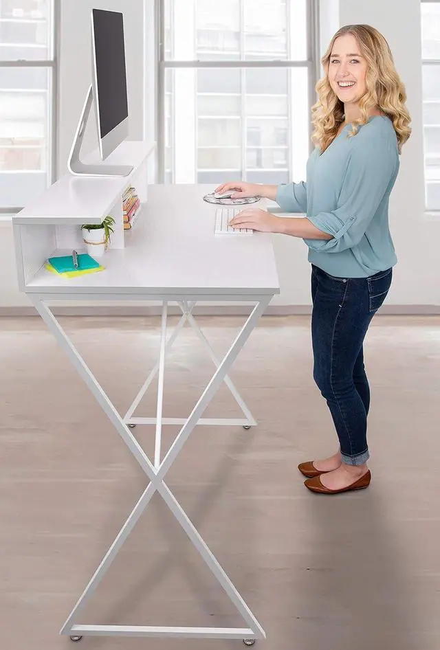 Alt view image 2 of 7 - Joy Standing Desk | Pretty Standing Desk with Shelf & Built-in Storage Cubbies | Modern Stand Up Workstation | Tall Desk & Reception Table for Home, Dorm & Office (White / 48in x 42in)