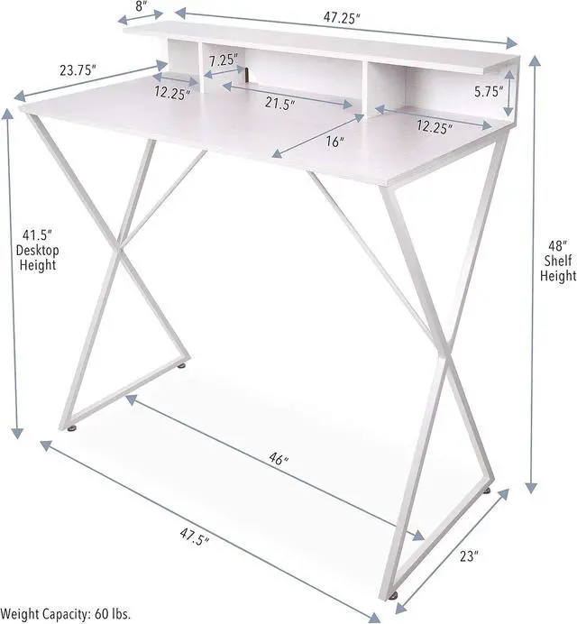 Alt view image 3 of 7 - Joy Standing Desk | Pretty Standing Desk with Shelf & Built-in Storage Cubbies | Modern Stand Up Workstation | Tall Desk & Reception Table for Home, Dorm & Office (White / 48in x 42in)