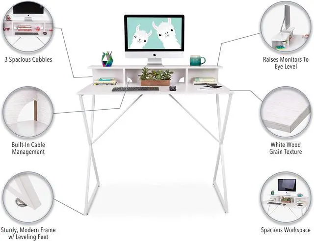 Alt view image 4 of 7 - Joy Standing Desk | Pretty Standing Desk with Shelf & Built-in Storage Cubbies | Modern Stand Up Workstation | Tall Desk & Reception Table for Home, Dorm & Office (White / 48in x 42in)