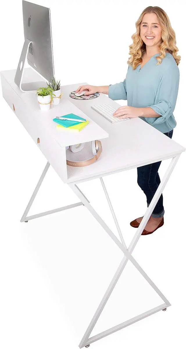 Alt view image 5 of 7 - Joy Standing Desk | Pretty Standing Desk with Shelf & Built-in Storage Cubbies | Modern Stand Up Workstation | Tall Desk & Reception Table for Home, Dorm & Office (White / 48in x 42in)