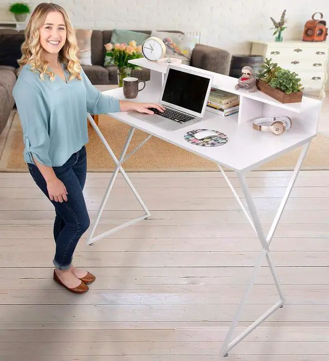 Alt view image 6 of 7 - Joy Standing Desk | Pretty Standing Desk with Shelf & Built-in Storage Cubbies | Modern Stand Up Workstation | Tall Desk & Reception Table for Home, Dorm & Office (White / 48in x 42in)