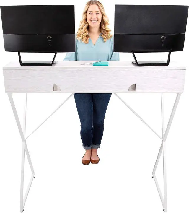 Alt view image 7 of 7 - Joy Standing Desk | Pretty Standing Desk with Shelf & Built-in Storage Cubbies | Modern Stand Up Workstation | Tall Desk & Reception Table for Home, Dorm & Office (White / 48in x 42in)