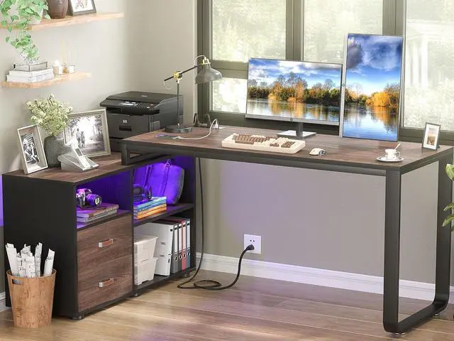 Main image of L Shaped Desk with Drawers, 55" Corner Computer Desk with File Cabinet, L-Shaped Desk with Power Outlets &LED Lights, Large Reversible Desk with and Storage Shelves for Home Office, Espresso