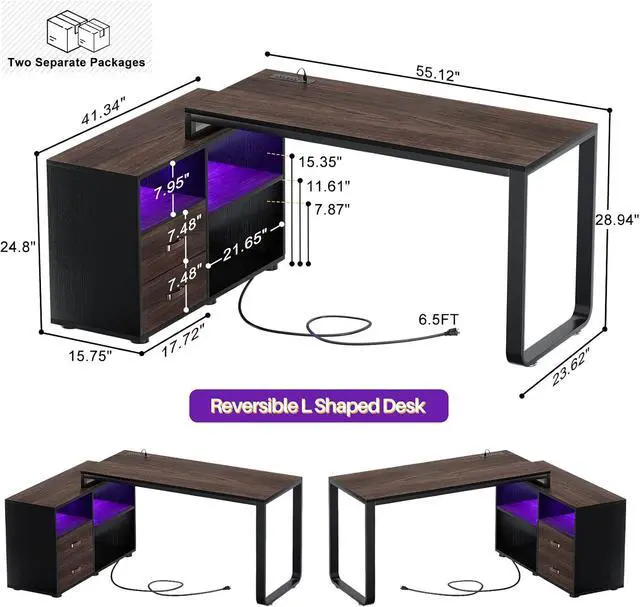 Alt view image 2 of 7 - L Shaped Desk with Drawers, 55" Corner Computer Desk with File Cabinet, L-Shaped Desk with Power Outlets &LED Lights, Large Reversible Desk with and Storage Shelves for Home Office, Espresso