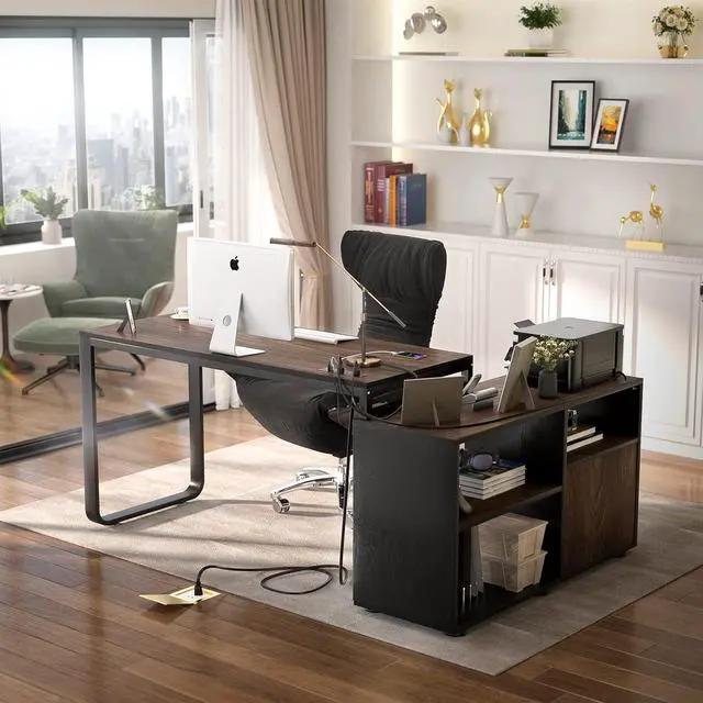 Alt view image 6 of 7 - L Shaped Desk with Drawers, 55" Corner Computer Desk with File Cabinet, L-Shaped Desk with Power Outlets &LED Lights, Large Reversible Desk with and Storage Shelves for Home Office, Espresso