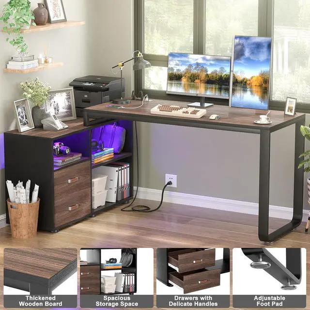 Alt view image 5 of 7 - L Shaped Desk with Drawers, 55" Corner Computer Desk with File Cabinet, L-Shaped Desk with Power Outlets &LED Lights, Large Reversible Desk with and Storage Shelves for Home Office, Espresso