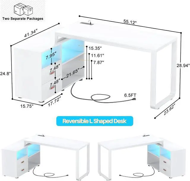 Alt view image 2 of 7 - L Shaped Desk with Drawers, 55" Corner Computer Desk with File Cabinet, L-Shaped Desk with Power Outlets &LED Lights, Large Reversible Desk with and Storage Shelves for Home Office, White