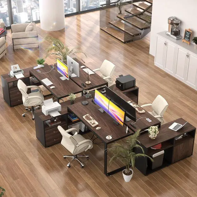 Alt view image 7 of 7 - L Shaped Desk with Drawers, 55" Corner Computer Desk with File Cabinet, L-Shaped Desk with Power Outlets &LED Lights, Large Reversible Desk with and Storage Shelves for Home Office, Espresso