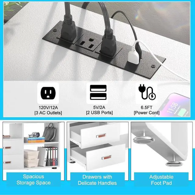 Alt view image 3 of 7 - L Shaped Desk with Drawers, 55" Corner Computer Desk with File Cabinet, L-Shaped Desk with Power Outlets &LED Lights, Large Reversible Desk with and Storage Shelves for Home Office, White