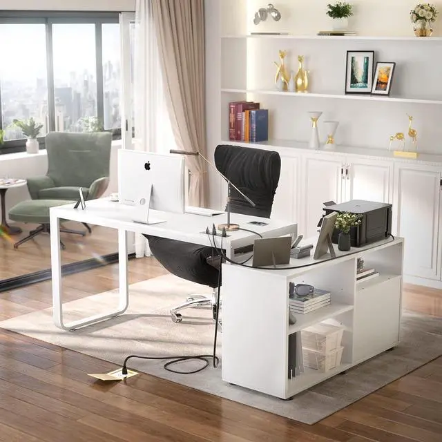 Alt view image 5 of 7 - L Shaped Desk with Drawers, 55" Corner Computer Desk with File Cabinet, L-Shaped Desk with Power Outlets &LED Lights, Large Reversible Desk with and Storage Shelves for Home Office, White