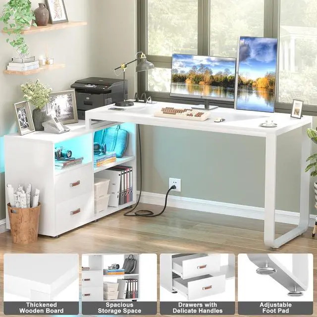 Alt view image 6 of 7 - L Shaped Desk with Drawers, 55" Corner Computer Desk with File Cabinet, L-Shaped Desk with Power Outlets &LED Lights, Large Reversible Desk with and Storage Shelves for Home Office, White
