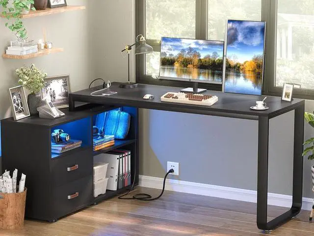 Main image of L Shaped Desk with Drawers, 55" Corner Computer Desk with File Cabinet, L-Shaped Desk with Power Outlets &LED Lights, Large Reversible Desk with and Storage Shelves for Home Office, Black
