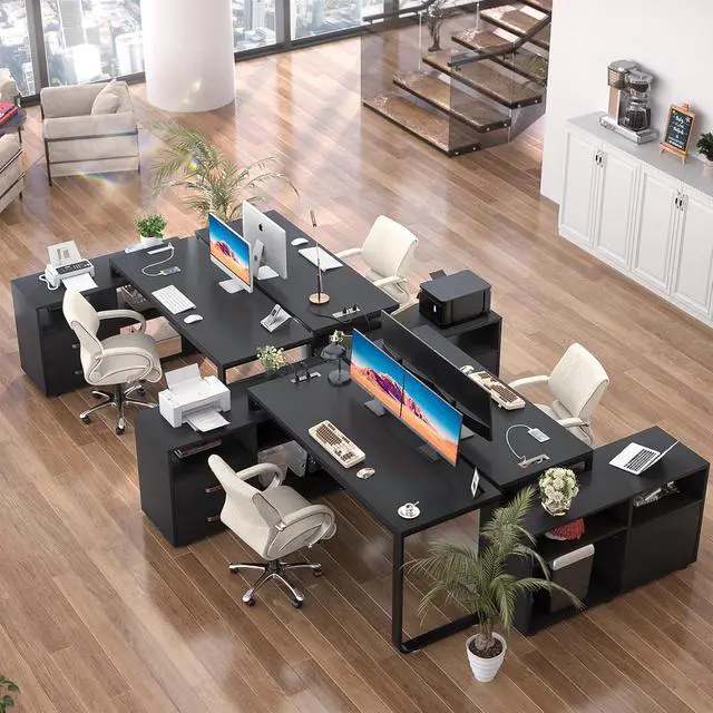 Alt view image 7 of 7 - L Shaped Desk with Drawers, 55" Corner Computer Desk with File Cabinet, L-Shaped Desk with Power Outlets &LED Lights, Large Reversible Desk with and Storage Shelves for Home Office, Black