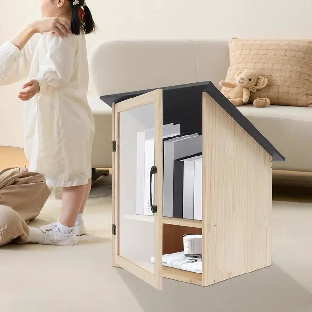 Alt view image 4 of 7 - Pine Wood Small Library Box, 2 Tier Wooden Cabin Bookcase for Sharing Books Mini Library Exchange Books Cabinet Storage with Door for Home School Community Neighborhoods (Single Door)