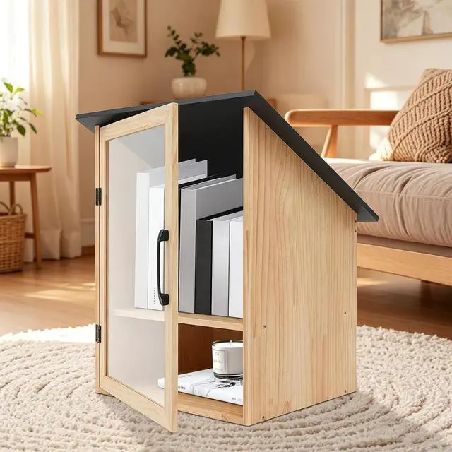 Main image of Pine Wood Small Library Box, 2 Tier Wooden Cabin Bookcase for Sharing Books Mini Library Exchange Books Cabinet Storage with Door for Home School Community Neighborhoods (Single Door)