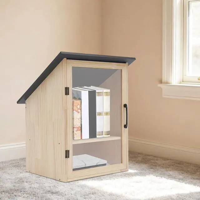 Alt view image 3 of 7 - Pine Wood Small Library Box, 2 Tier Wooden Cabin Bookcase for Sharing Books Mini Library Exchange Books Cabinet Storage with Door for Home School Community Neighborhoods (Single Door)