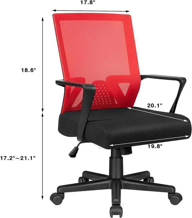 Alt view image 3 of 7 - Ergonomic Lumbar Support Desk Mesh Computer Mid Back Swivel Chair with Armrest (Red)