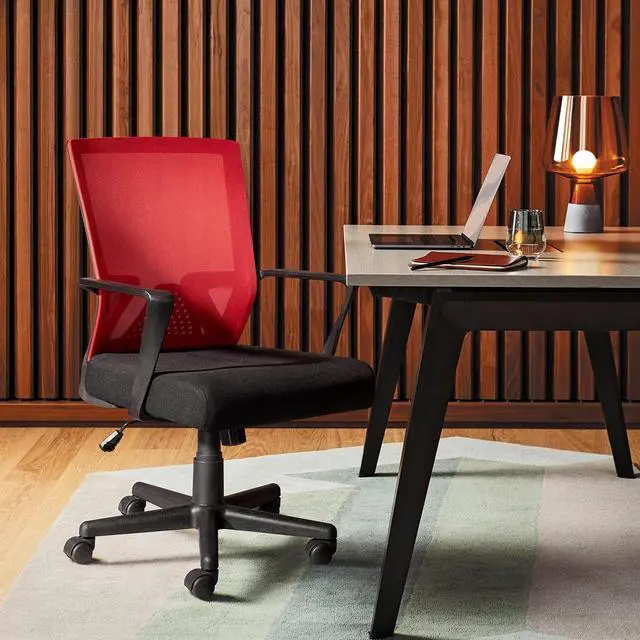 Alt view image 2 of 7 - Ergonomic Lumbar Support Desk Mesh Computer Mid Back Swivel Chair with Armrest (Red)