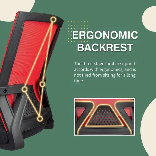 Alt view image 4 of 7 - Ergonomic Lumbar Support Desk Mesh Computer Mid Back Swivel Chair with Armrest (Red)
