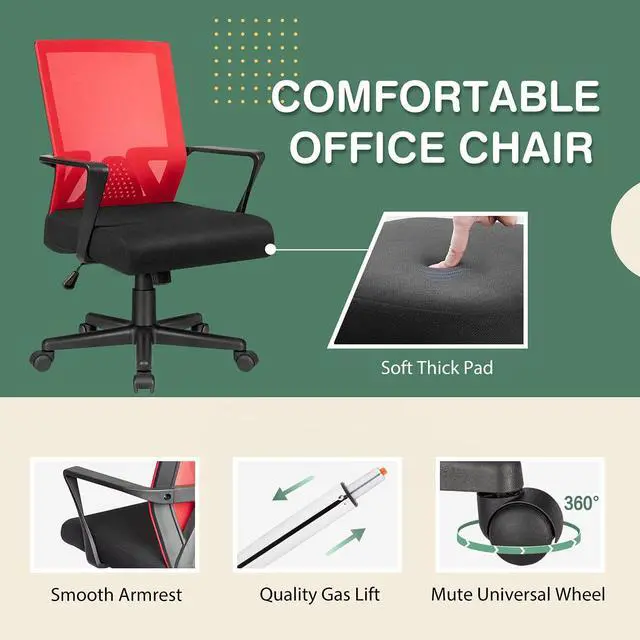 Alt view image 5 of 7 - Ergonomic Lumbar Support Desk Mesh Computer Mid Back Swivel Chair with Armrest (Red)