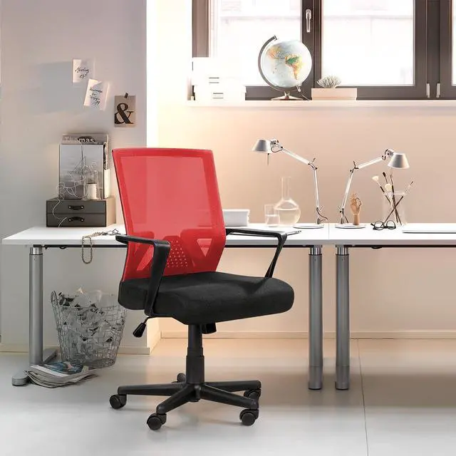 Alt view image 7 of 7 - Ergonomic Lumbar Support Desk Mesh Computer Mid Back Swivel Chair with Armrest (Red)