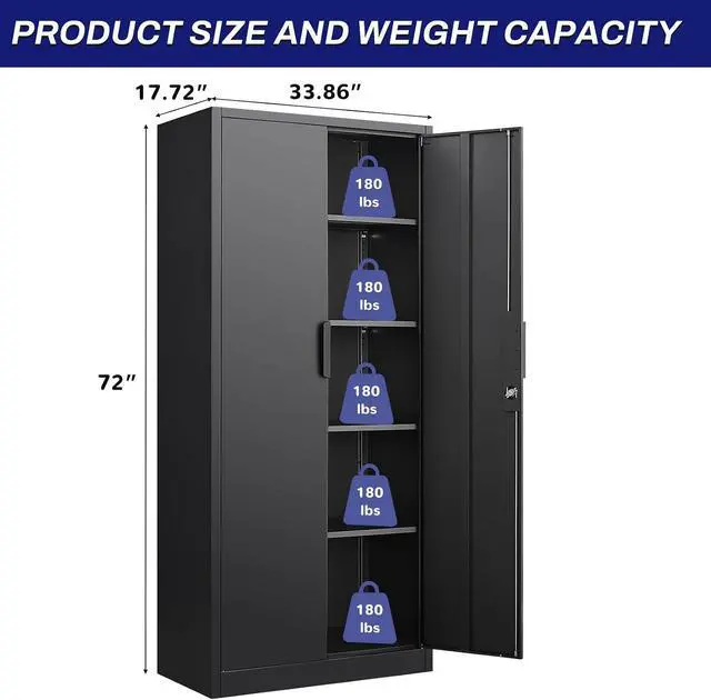 Alt view image 3 of 7 - 72" H Garage Storage Cabinet,Metal Storage Cabinet with Doors and 4 Adjustable Shelves,Steel Locking Cabinets for Home Office,Garage,School,Black