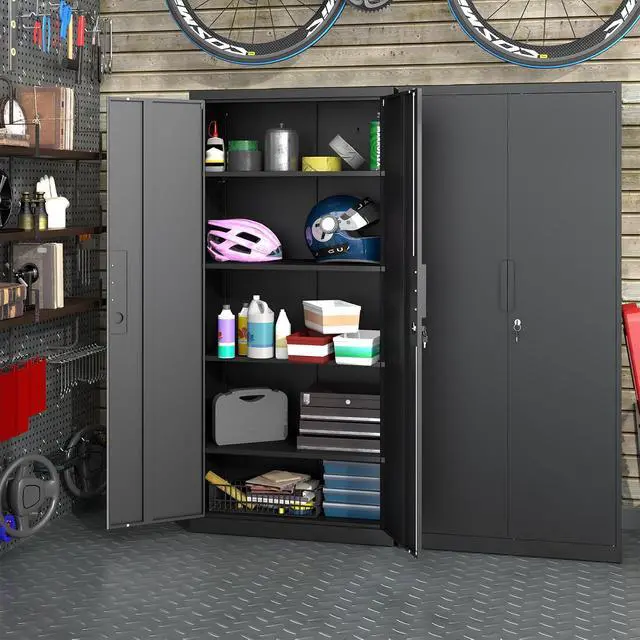Alt view image 2 of 7 - 72" H Garage Storage Cabinet,Metal Storage Cabinet with Doors and 4 Adjustable Shelves,Steel Locking Cabinets for Home Office,Garage,School,Black