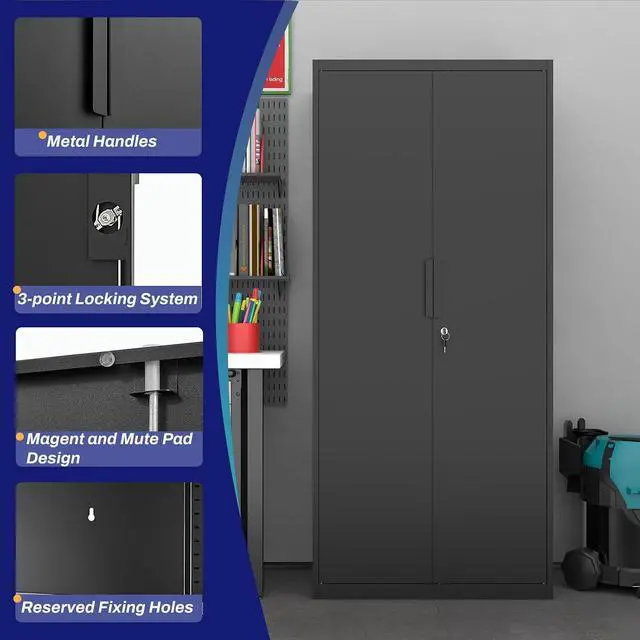 Alt view image 5 of 7 - Garage Storage Cabinet with Lock,70.8" H Black Metal Storage Cabinet with Doors and Shelves,Tall Locking Cabinets for Home Office,Garage,Warehouse