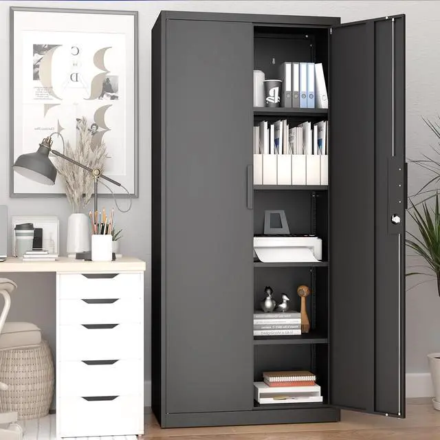 Alt view image 6 of 7 - Garage Storage Cabinet with Lock,70.8" H Black Metal Storage Cabinet with Doors and Shelves,Tall Locking Cabinets for Home Office,Garage,Warehouse