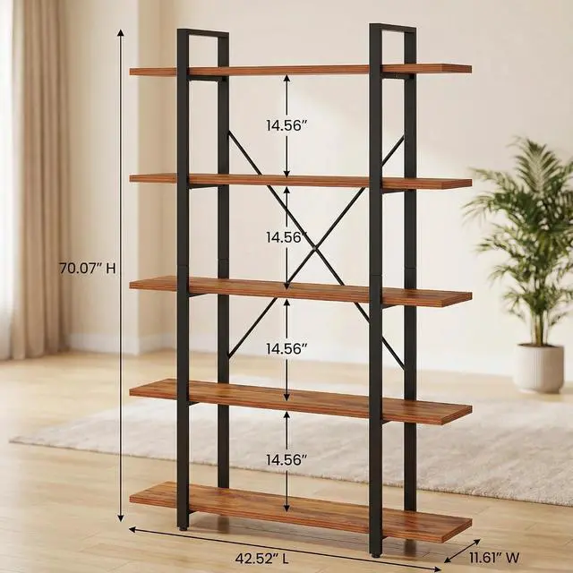 Alt view image 2 of 7 - 5 Tier Bookshelf, Open Vintage Industrial Style Bookshelves and Bookcase, Etagere Bookcase with Metal Frame for Home and Office Organizer