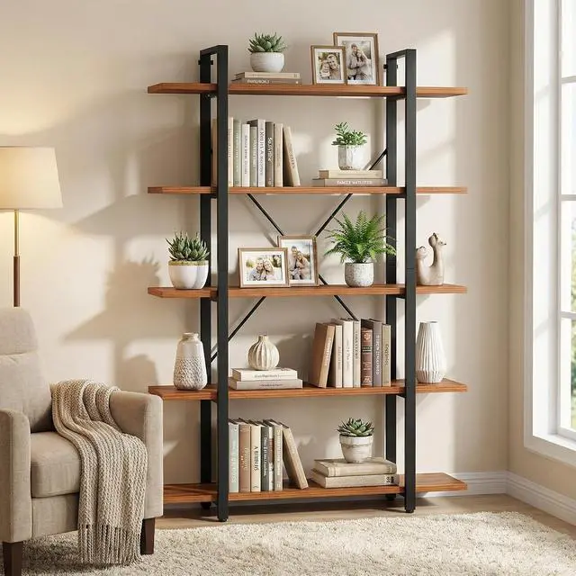 Alt view image 3 of 7 - 5 Tier Bookshelf, Open Vintage Industrial Style Bookshelves and Bookcase, Etagere Bookcase with Metal Frame for Home and Office Organizer