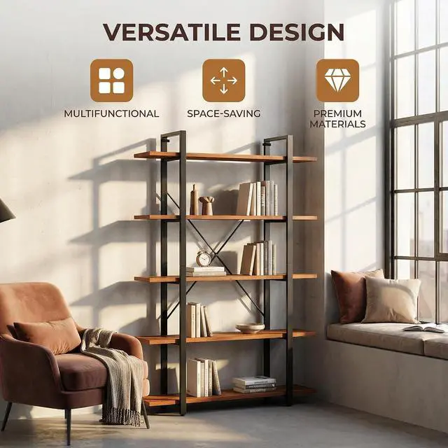 Alt view image 5 of 7 - 5 Tier Bookshelf, Open Vintage Industrial Style Bookshelves and Bookcase, Etagere Bookcase with Metal Frame for Home and Office Organizer