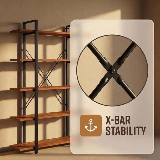 Alt view image 6 of 7 - 5 Tier Bookshelf, Open Vintage Industrial Style Bookshelves and Bookcase, Etagere Bookcase with Metal Frame for Home and Office Organizer