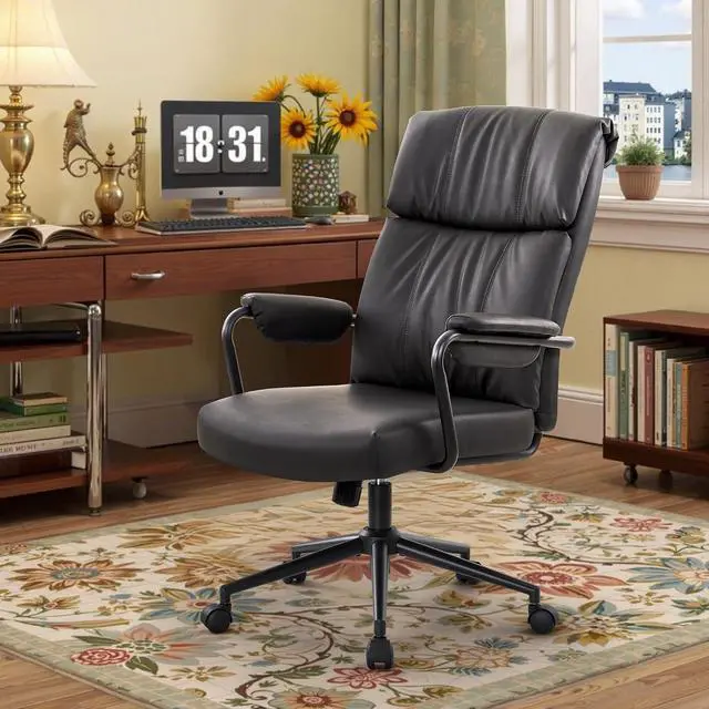 Alt view image 2 of 7 - Home Office Desk Chair, Comfy Ergonomic Mid Century Modern Faux Leather Fabric Office Chair with Lumbar Support, Adjustable Height High-Back Swivel Computer Chairs, (Black)