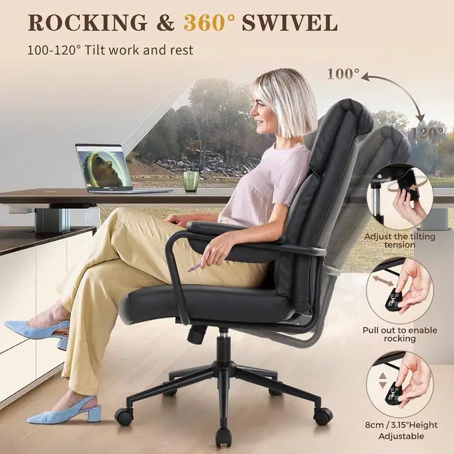 Alt view image 4 of 7 - Home Office Desk Chair, Comfy Ergonomic Mid Century Modern Faux Leather Fabric Office Chair with Lumbar Support, Adjustable Height High-Back Swivel Computer Chairs, (Black)