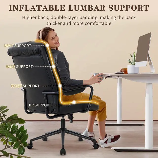 Alt view image 5 of 7 - Home Office Desk Chair, Comfy Ergonomic Mid Century Modern Faux Leather Fabric Office Chair with Lumbar Support, Adjustable Height High-Back Swivel Computer Chairs, (Black)
