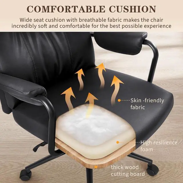 Alt view image 7 of 7 - Home Office Desk Chair, Comfy Ergonomic Mid Century Modern Faux Leather Fabric Office Chair with Lumbar Support, Adjustable Height High-Back Swivel Computer Chairs, (Black)